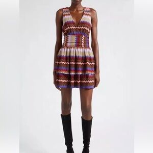 NEW $445 Ramy Brook Laura Mini Dress Women's Tiered Zigzag Metallic sz M